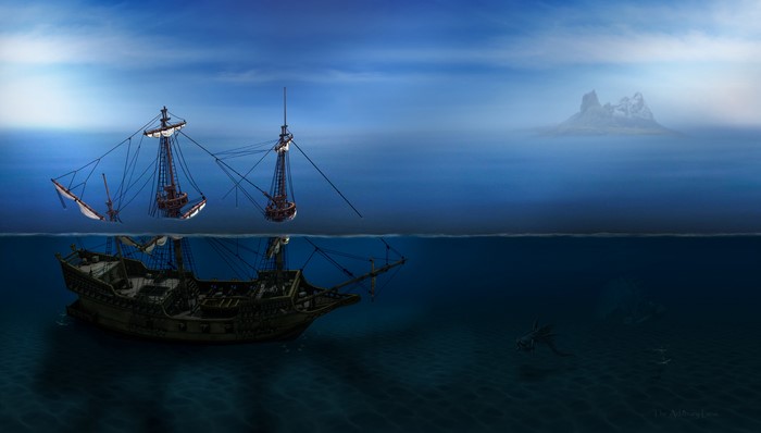 Pirate ship sailing on the sea near an island
