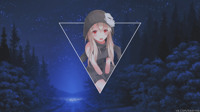 Anime girl with blonde hair and red eyes in a forest at night