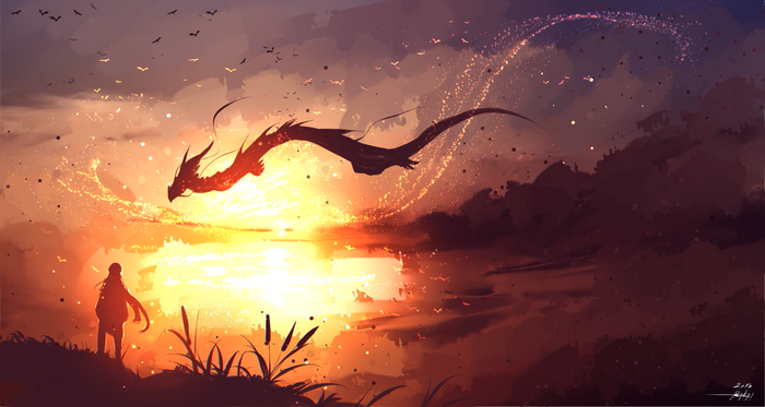 Dragon flying over a girl at sunset