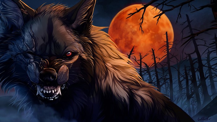 Werewolf with red eyes under a blood moon