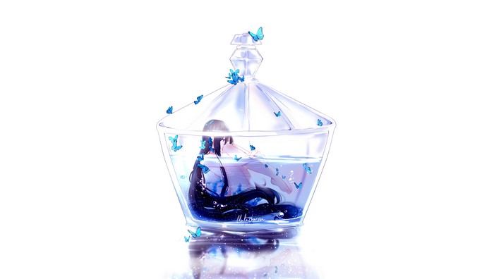 Anime girl in a bottle with butterflies