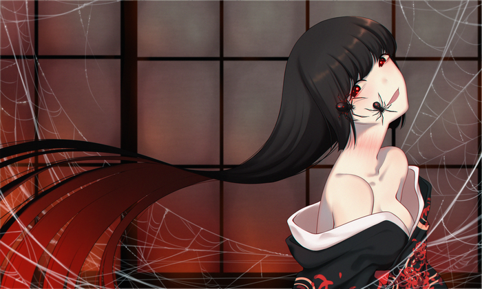 Woman in kimono with spiders and spiderwebs