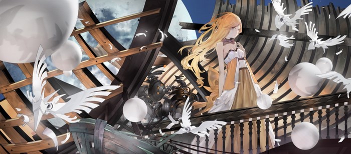 Anime girl with blonde hair and white birds