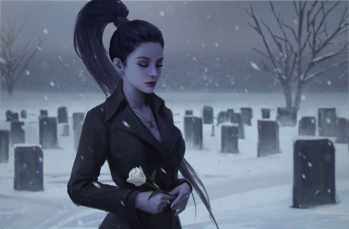 Widowmaker from Overwatch in a snowy graveyard
