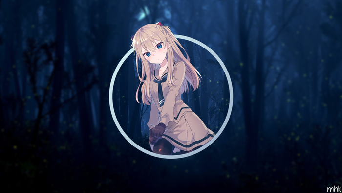 Anime girl in a circle frame at night