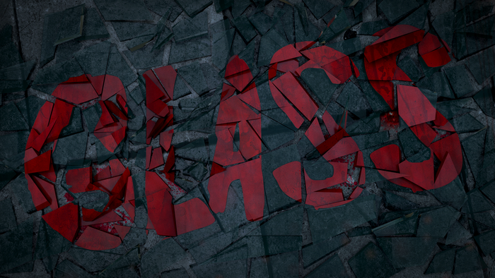 Red text on broken glass background