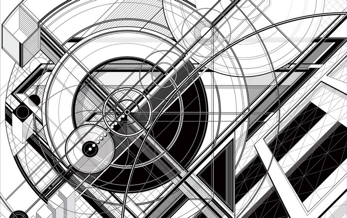 Abstract monochrome geometric composition with circles and triangles