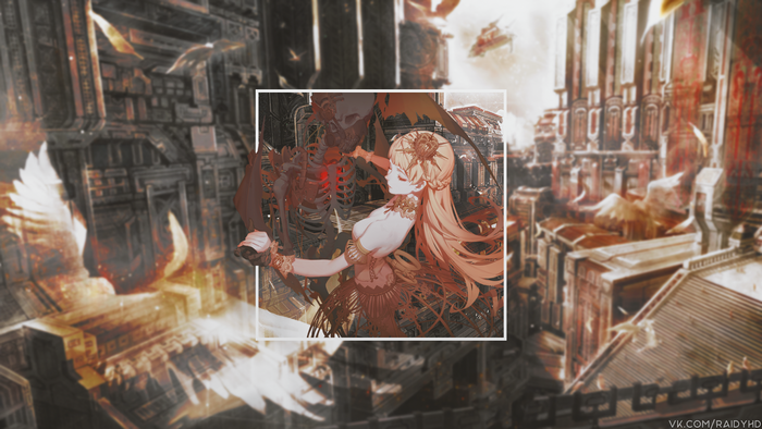 Anime girl with skeleton in industrial city