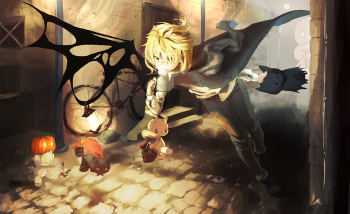 Halloween demon with wings and toys