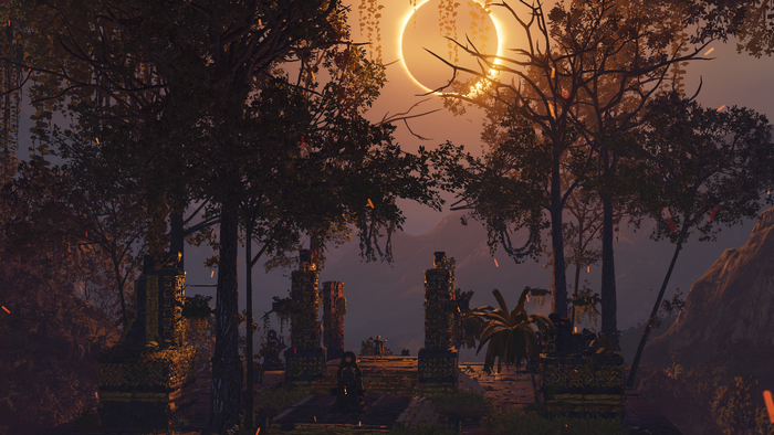 Lara Croft from Shadow of the Tomb Raider during an eclipse