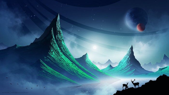 Alien landscape with mountains, planets, and deer