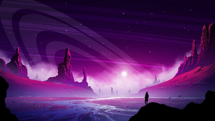 Alien landscape with rings and a lone figure