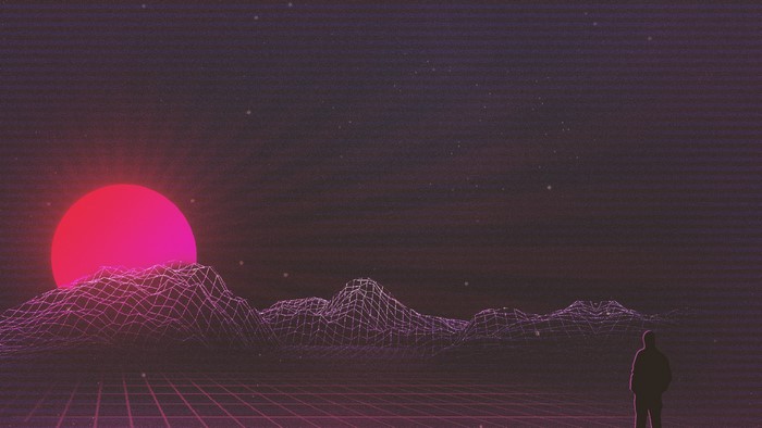 Man standing in a digital landscape with a large sun