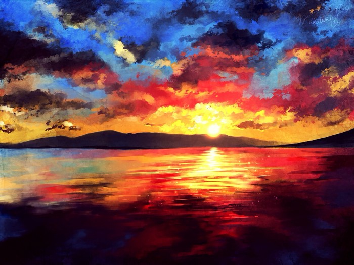 4K Sunset Painting Over Mountains and Lake
