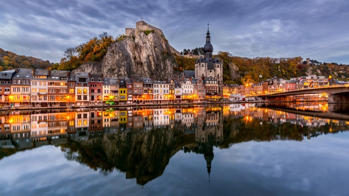 4K Belgium Cityscape with River Reflection