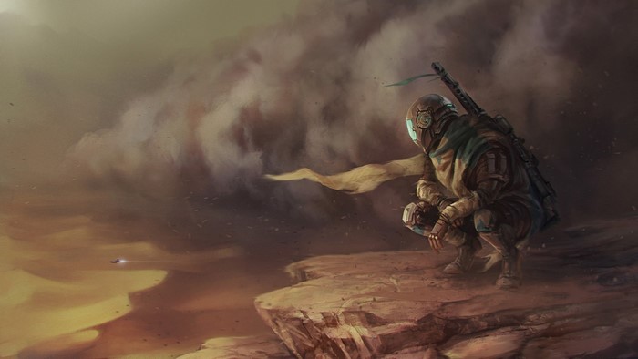 Science fiction soldier crouching on a desert cliff