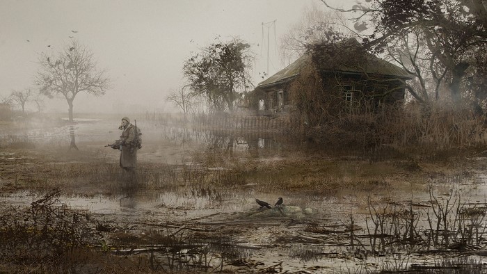 S.T.A.L.K.E.R. soldier in a foggy swamp with abandoned house