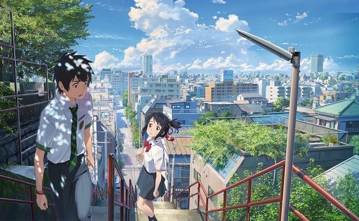Mitsuha and Taki from Kimi no Na Wa on stairs
