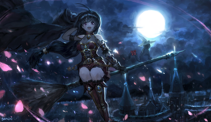 Anime witch girl flying on a broomstick at night