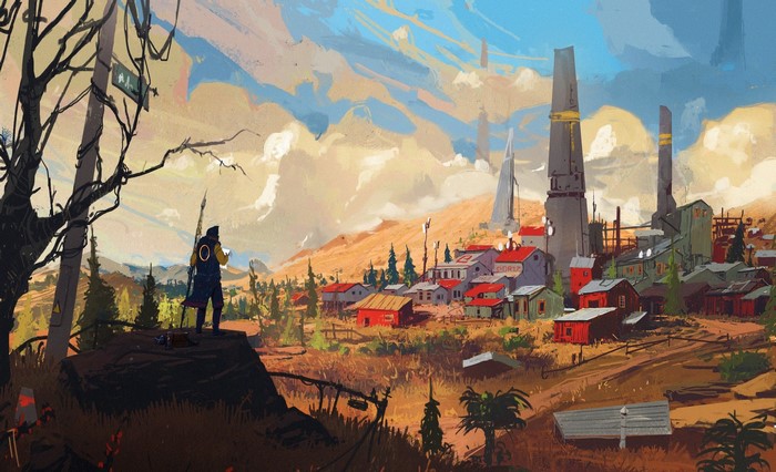 Fantasy artwork of a person with a spear overlooking a town with towers