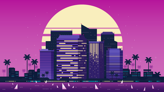 4K Retrowave Cityscape with Palm Trees and Sun