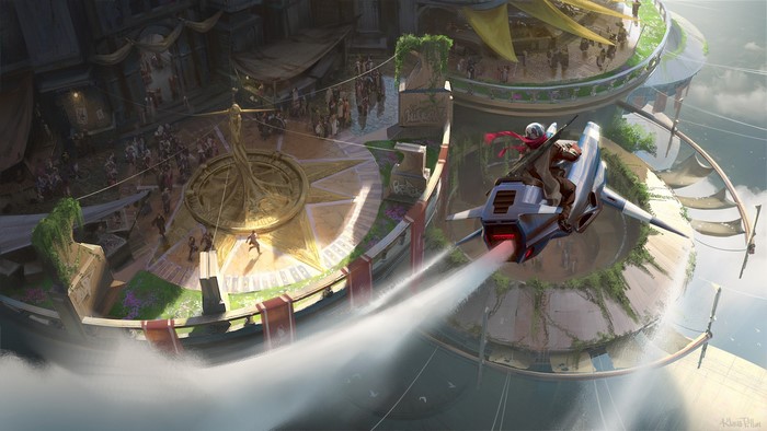 Fantasy art of a person flying on a vehicle