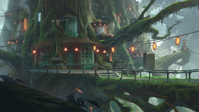 Fantasy tree city with lanterns and houses