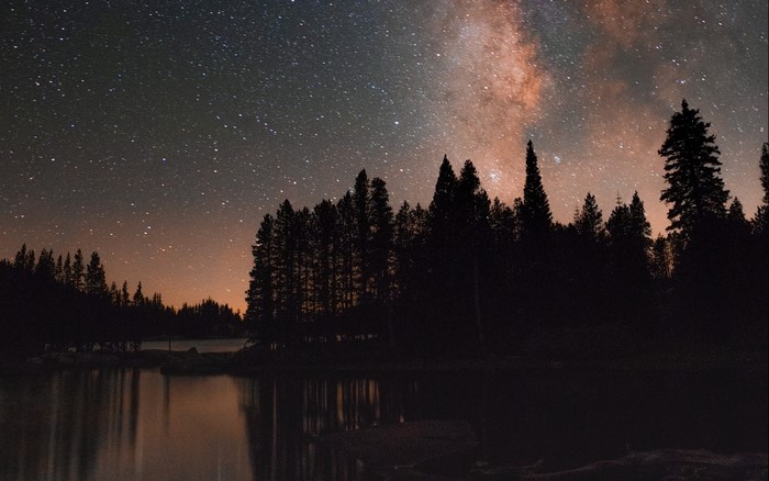Milky Way over a forest and lake at night