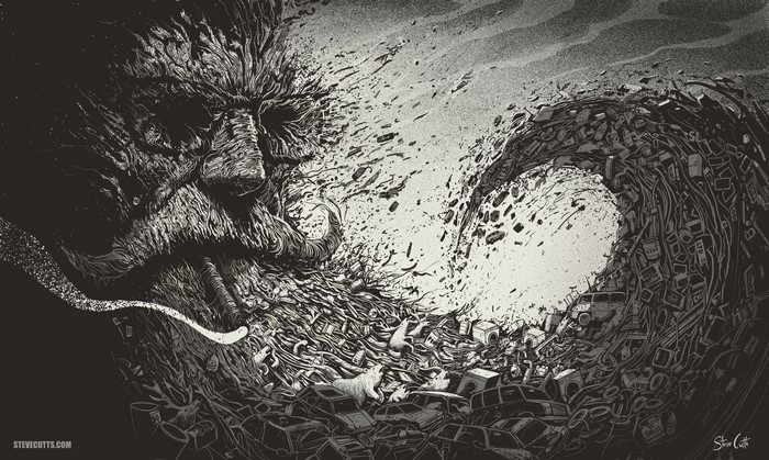 Monochrome surreal artwork of a wave of trash