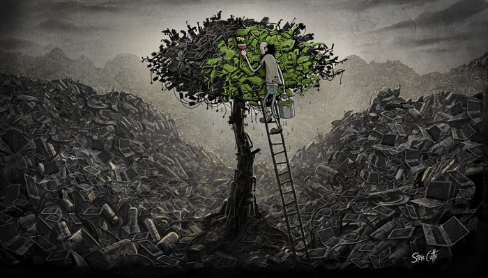 Man painting a tree made of electronics in a landfill