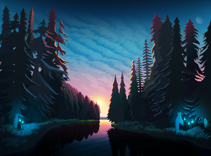 Fantasy forest landscape with sunset reflection