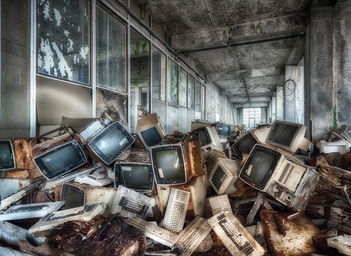 Pile of old computer monitors and keyboards in an abandoned room