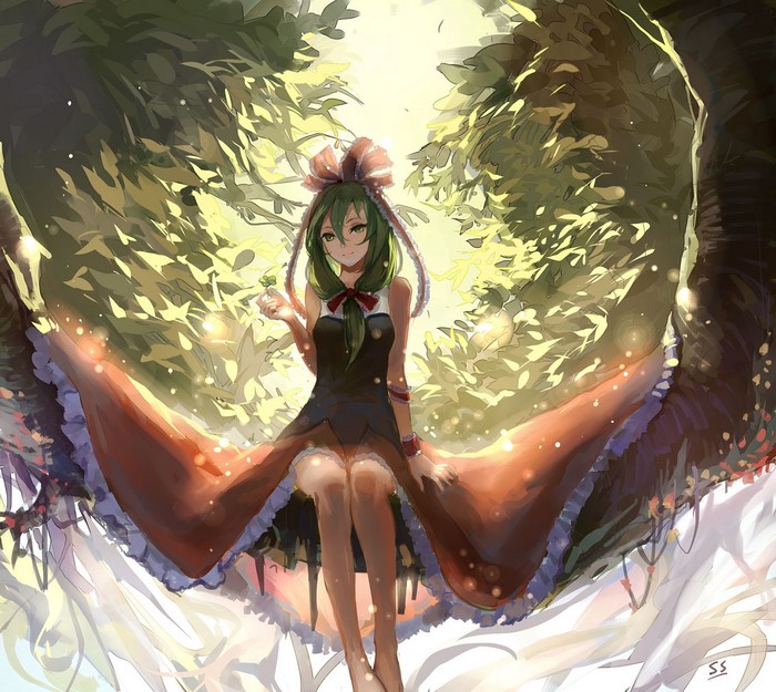 Anime girl with green hair sitting in nature