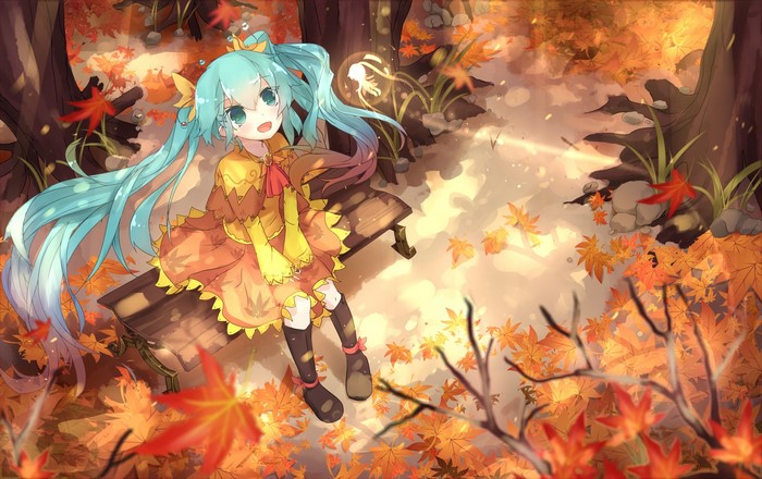 Hatsune Miku sitting on a bench in autumn forest