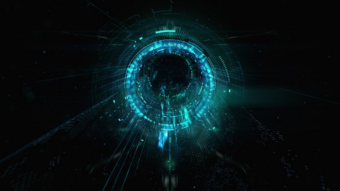 Abstract digital art tunnel with cyan lights