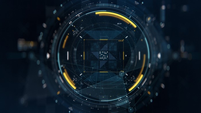 Abstract digital interface with blue and yellow elements