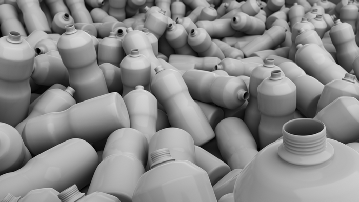 Monochrome render of piled plastic bottles