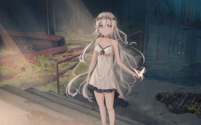 Anime girl with white hair and flower crown