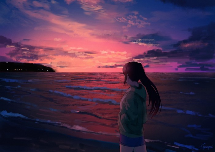 Anime girl on beach at sunset