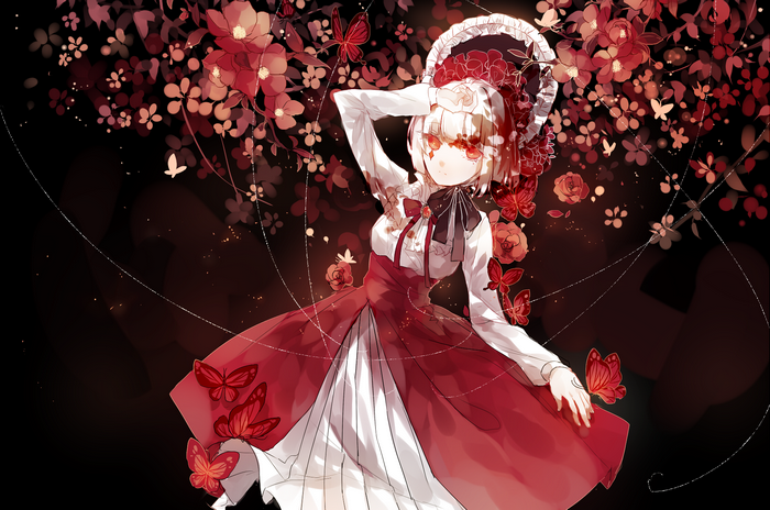 Anime girl with red eyes and flowers