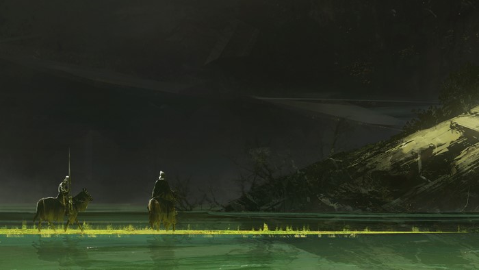 Fantasy art of two knights on horseback by a lake