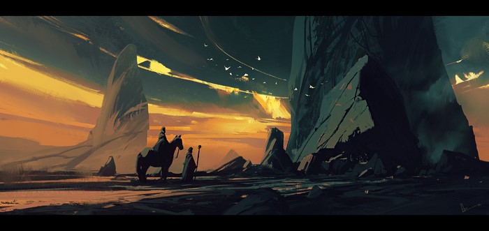 Digital art of two figures and a horse in a rocky desert landscape