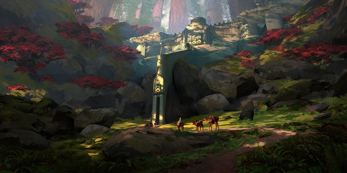 Fantasy landscape with ancient ruins and travelers