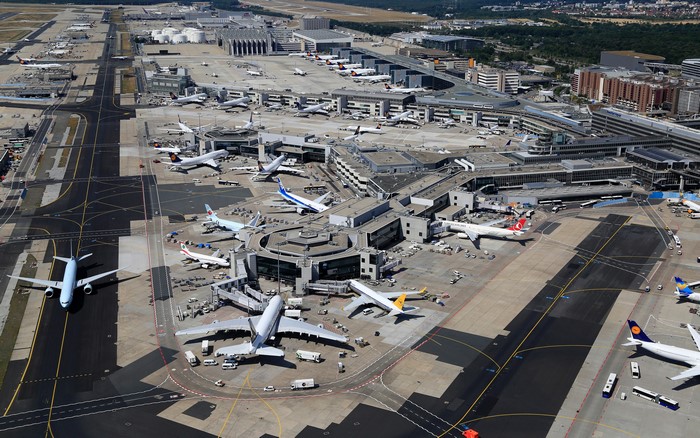 Frankfurt Airport aerial view with airplanes and runways
