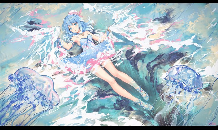 Anime girl with blue hair and jellyfish in water
