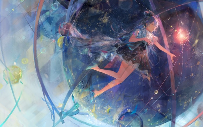 Hatsune Miku floating in a cosmic, abstract space