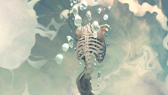 Surreal Skeleton with Bubbles and Smoke