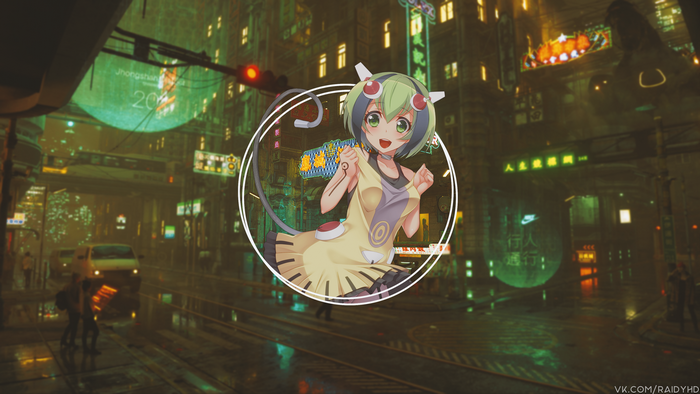 Anime girl with green hair and eyes in a cyberpunk city