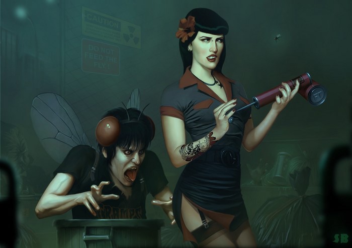 Woman with a syringe and a fly creature
