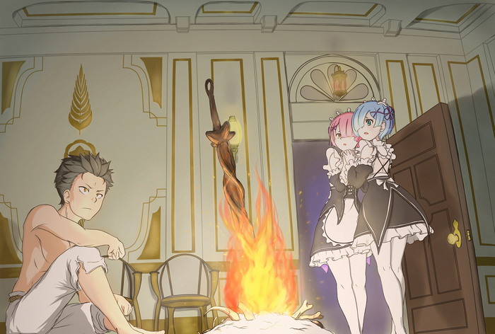 Natsuki Subaru, Ram, and Rem from Re:Zero with Dark Souls bonfire